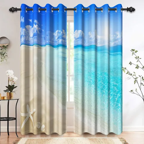 Renaiss Cortinas opacas con diseño de mar tropical, nublado, cielo azul y verde azulado, estrella de mar transparente en playa arenosa, sala de