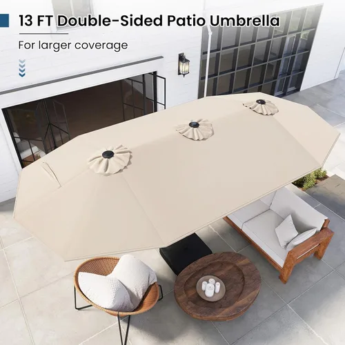 Miniatura 3 de Tangkula Sombrilla solar de doble cara de 13 pies para patio, sombrilla individual extragrande para exteriores con 36 luces LED, parte superior Beige