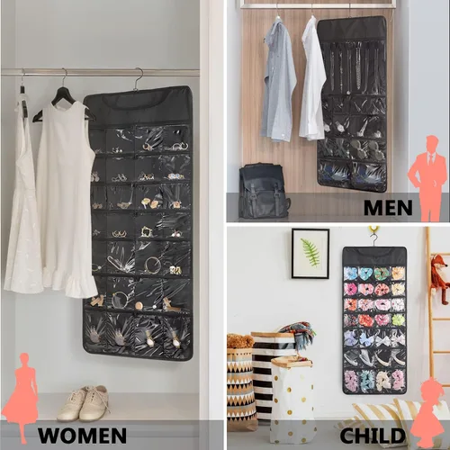 Miniatura 5 de FOREGOER Organizador de joyas colgante de doble cara, 43 bolsillos, organizador grande de accesorios para collares, aretes, (negro)