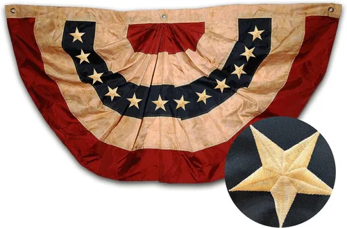 Miniatura 7 de Banderines de 1.5 x 3 pies con diseño de bandera estadounidense antigua manchada de té, medio abanico con estrellas bordadas totalmente plisadas
