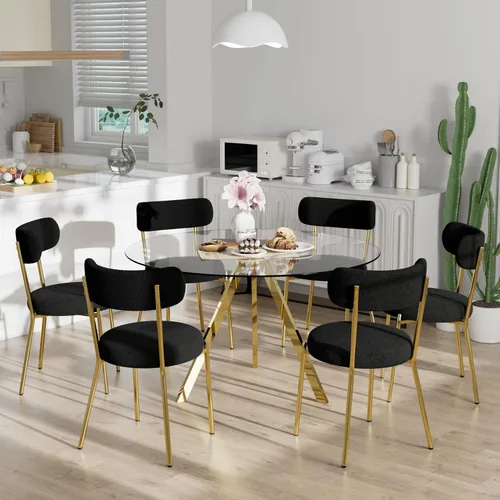 Miniatura 8 de Juego de mesa de comedor circular de vidrio de 39 pulgadas para 4, mesa de comedor redonda pequeña y 4 sillas tapizadas, moderno juego de mesa