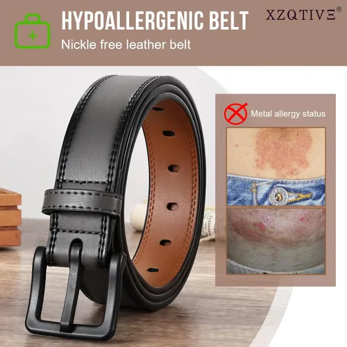 Miniatura 4 de XZQTIVE Cinturón de cuero hipoalergénico sin metal para hombre, cinturón de cuero para jeans y vestido, sin níquel, con hebilla negra