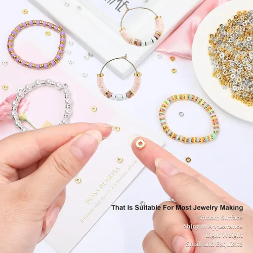Miniatura 3 de 1500 piezas de cuentas espaciadoras redondas planas de 0.23 pulgadas, cuentas en forma de disco sueltas para hacer joyas, para pulseras, collares