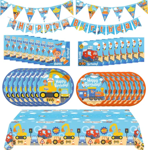 Treasures Gifted Vehículo oficial de suministros para fiesta de cumpleaños de Blippi, sirve para 16 invitados, juego completo de suministros para