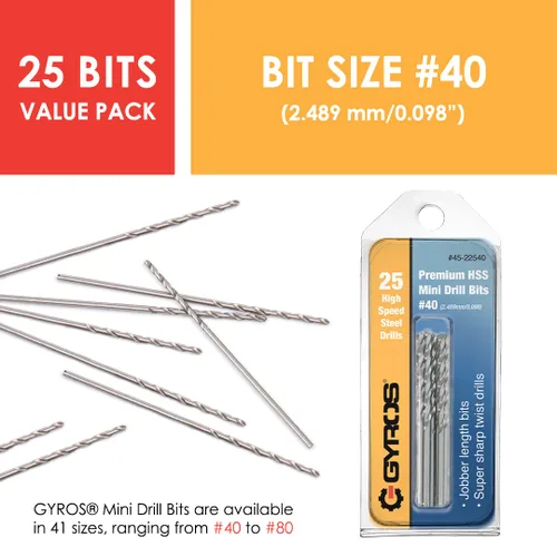 Miniatura 4 de GYROS Juego de 25 brocas micro #40 – Brocas pequeñas para joyas, plástico, resina y metal blando – Medidor de alambre de acero de alta velocidad