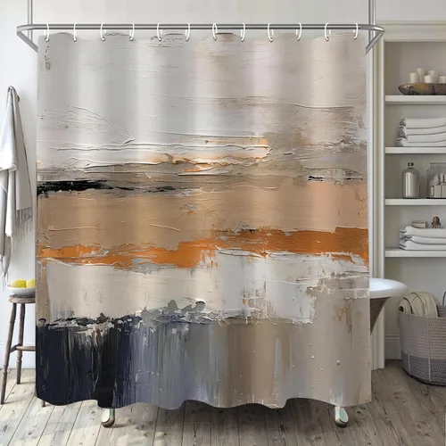 Miniatura 9 de Cortina de ducha negra y beige para baño, juego de cortina de ducha boho blanco, marrón, beige y crema, pintura al óleo abstracta de tela moderna