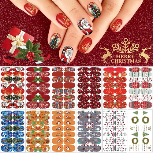 12 hojas de calcomanías de Navidad para uñas, tiras de esmalte de uñas, autoadhesivas, diseño de Papá Noel, árbol de Navidad, copo de nieve con 2