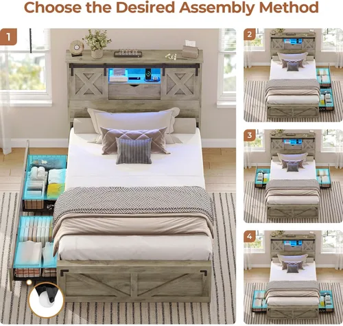 Miniatura 3 de Hasuit Marco de cama de granja tamaño individual con 2 cajones de almacenamiento, plataforma de madera con luces LED y estación de carga, cabecera