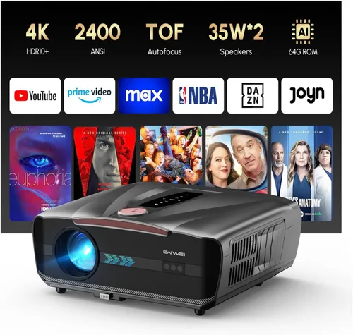 Proyector diurno 4K 2026 actualizado 2400 ANSI [tapa de lente automática] HDR10+ Ultra HD Proyector inteligente con AI-PQ ToF Autofocus HDMI eARC