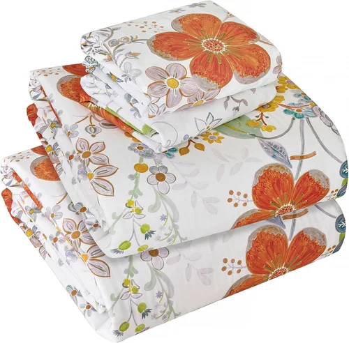 Zusbest Juego de sábanas florales de 100 % algodón percal, color naranja y amarillo, juego de sábanas suaves y transpirables con diseño botánico de