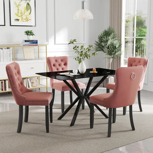 Miniatura 8 de Juego de comedor moderno de cristal de lujo de 5 piezas, juego de comedor rectangular minimalista para 4, juego de mesa de cocina de vidrio
