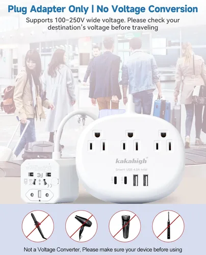 Miniatura 2 de European Travel Plug Adapter with USB C, Multi Country Outlet Adapter with 3 AC Outlets and 4 USB Ports, Type A/C/G/I Plug Adapter for US to Most of