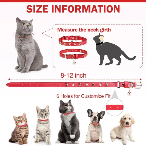 Miniatura 4 de Collares de cuero para gatos niño y niña con cascabel y cinturón elástico de seguridad, collar ajustable con hebilla de seguridad para gatito