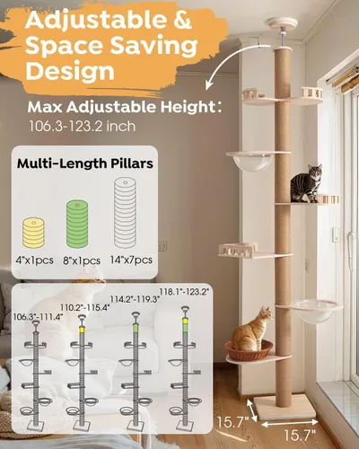 Miniatura 2 de Veehoo Altura del árbol para gatos de piso a techo (106-123 pulgadas), ajustable, resistente y alto con postes rascadores de 4.3 pulgadas de grosor