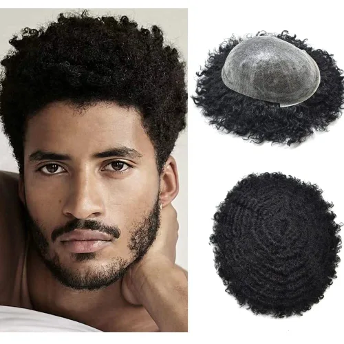 Miniatura 15 de Cabello afro rizado para hombre maravillas de cabello humano afroamericano de repuesto para hombres negros, piel de polietileno completa, sistema