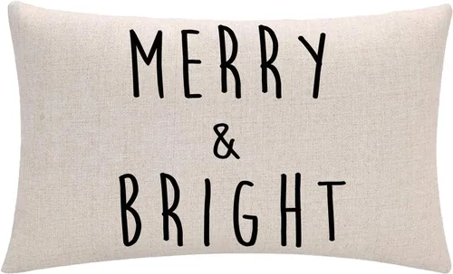7COLORROOM Fundas de almohada decorativas de Navidad, color negro, rectangular, feliz y brillante, funda de cojín de cintura, casa de campo, Feliz