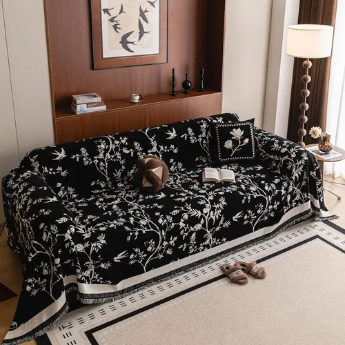 HANDONTIME Funda para sofá para perros lavable con estampado floral de pájaros para sofás y sillones, funda de sofá negra con flores de jacquard