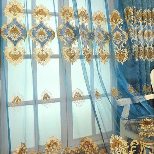 Miniatura 6 de Amidoudou 1 par de cortinas bordadas de lujo europeas para sala de estar, dormitorio, cortinas de felpilla (azul, 51 x 84 pulgadas)