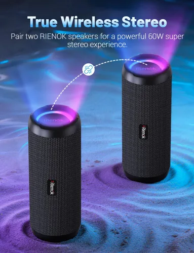 Miniatura 4 de RIENOK - Bocina Bluetooth 5.3 portátil de 30W, emparejamiento dual, sonido estéreo inalámbrico HD, impermeable IPX7, bocina inalámbrica deportiva