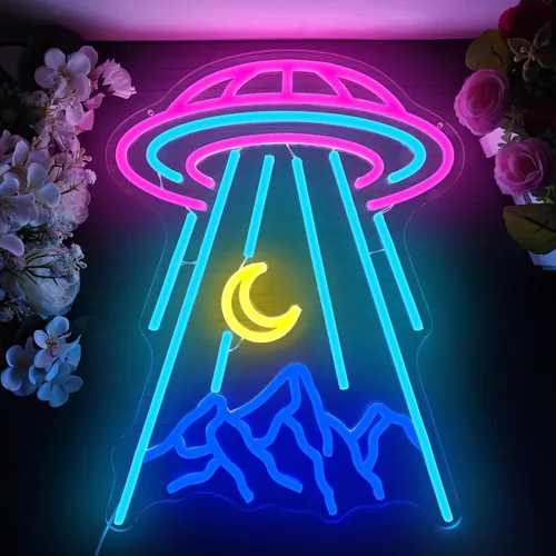 Miniatura 2 de Letrero de neón OVNI para decoración de pared, diseño de nave espacial de extraterrestre, montaña, letrero de neón regulable con luna LED, letrero