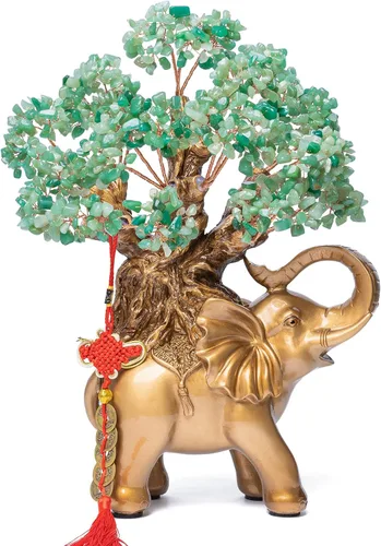 Árbol de dinero de cristal de aventurina verde sobre estatua de elefante dorado, árbol bonsái grande de piedras preciosas de 17 pulgadas del árbol
