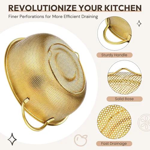 Miniatura 2 de Baderke Colador de metal dorado de acero inoxidable con asa, colador dorado para cocina, drenaje, pasta, enjuague, verduras, arroz, alimentos, 3