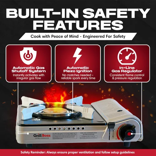 Miniatura 2 de Grill Boss - Estufa de campamento de combustible dual con 4 recipientes de butano de 8 onzas, estufa portátil de butano y propano de 12,000 BTU
