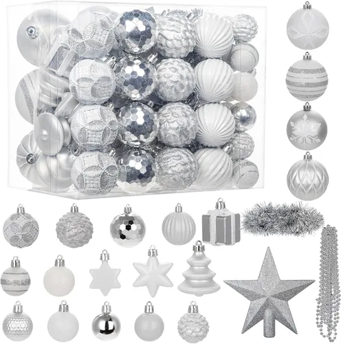 Miniatura 9 de 100 piezas de juego de adornos de Navidad azul y blanco – Kit de bolas de decoración de árbol de Navidad inastillables con estrella de copa