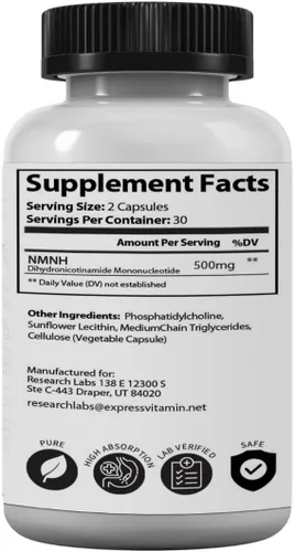 Miniatura 5 de Research Labs NMNH liposomal (alternativa al suplemento NMNN) 500 mg por porción 60 cápsulas (mononucleótido de dihidronicinamida) Suplemento NAD