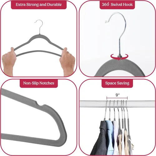 Miniatura 3 de LDC - Perchas de terciopelo gris, paquete de 30 unidades, antideslizantes, de alta calidad, para abrigos, pantalones, colgadores de fieltro