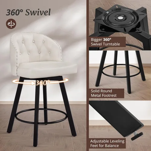 Miniatura 5 de Cozyman Taburetes de bar retro de altura de mostrador con respaldo, asientos tapizados de piel sintética giratoria de 26 pulgadas, patas de metal