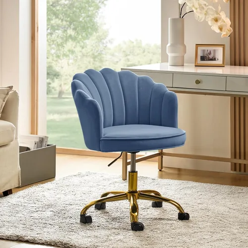 Miniatura 10 de HULALA HOME Silla de escritorio de terciopelo para oficina en casa con base dorada, silla giratoria ajustable para tocador, diseño moderno y bonito