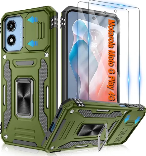 Miniatura 25 de Atump Funda para Motorola Moto G Play 2024 (4G) con [paquete de 2] protector de pantalla HD y cubierta para cámara deslizante, soporte de anillo