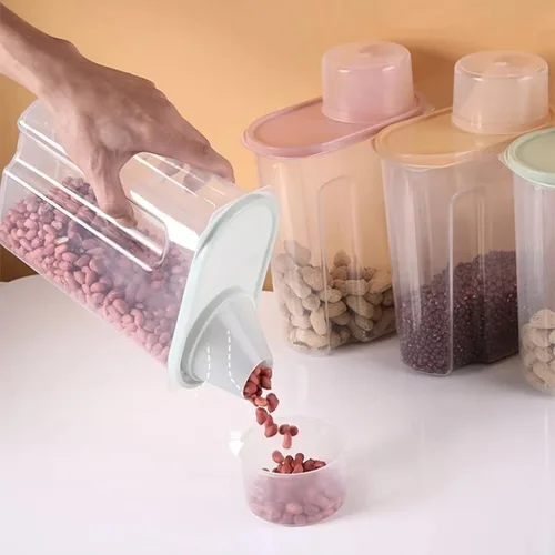 Miniatura 3 de 2 contenedores de almacenamiento de arroz, 1.9L y 2.5L, recipiente hermético para alimentos con boquilla de vertido, taza medidora para avena