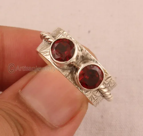 Miniatura 3 de 925 Sterling Silver Ring, Handmade Spinner Ring, Two Ton Rings, Narrow Spinner Ring, Minimalist Ring Silver, Natural Garnet Ring, Boho Ring Women