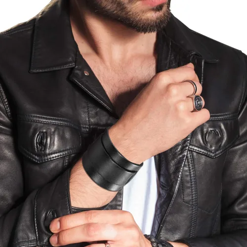 Miniatura 5 de Cupimatch 3 pulseras de cuero ajustables negras, pulsera de cuero ancho punk rock para hombres para el día del padre