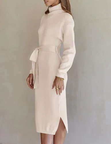 Miniatura 20 de ZESICA - Vestido por debajo de la rodilla de suéter, de cuello alto, para mujer, de manga larga, de punto acanalado, con abertura y cinturón