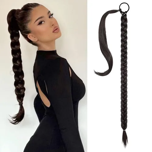 Miniatura 27 de SEIKEA - Extensión de cola de caballo trenzada larga mejorada con banda elástica lisa y mechón trenzado envolvente, color negro, 20 pulgadas