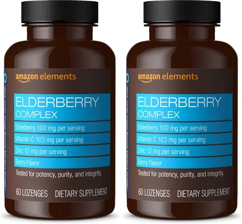 Miniatura 7 de Amazon Elements Complejo de saúco, apoyo al sistema inmunológico, 60 pastillas con sabor a bayas, saúco 100 mg, vitamina C 103 mg, zinc 12 mg por