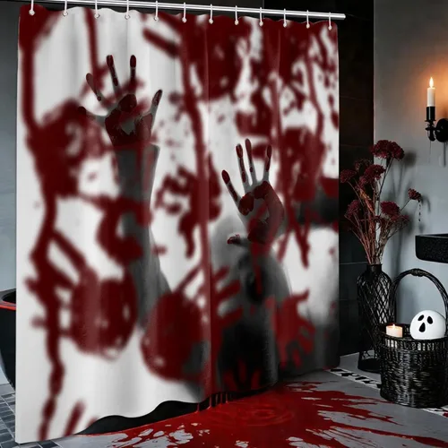 Miniatura 18 de Cortina de ducha de Halloween, diseño de mansión embrujada gótica espeluznante, juego de cortinas de baño de castillo de murciélago gótico Embrujado