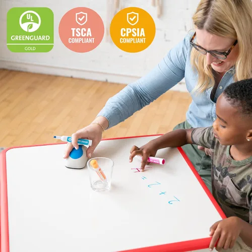 Miniatura 6 de ECR4Kids Mesa de actividades rectangular de borrado en seco con 2 sillas, ajustable, muebles para niños, azul, 3 piezas Rojo
