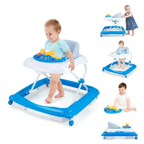 BABY JOY Andador de bebé, caminador de actividad plegable 4 en 1 con altura ajustable, música, luces, caminador de empuje antivuelco para niños
