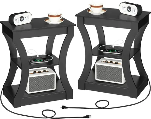 Miniatura 13 de MAHANCRIS - Mesa auxiliar negra con estación de carga, mesa auxiliar delgada con puertos USB y tomas, mesita de noche, mesita de noche de 3 niveles