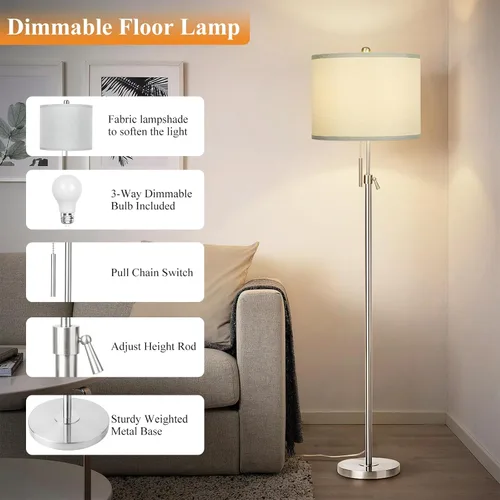 Miniatura 4 de Lámpara de pie de níquel cepillado para sala de estar, lámpara de pie de altura ajustable con base de metal, luz de poste alto con pantalla gris