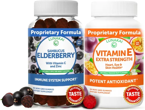Lunakai Paquete de gomitas de saúco y vitamina E, suplemento de apoyo inmunológico con zinc y vitamina C más 1000iu natural VIT E gomita para la