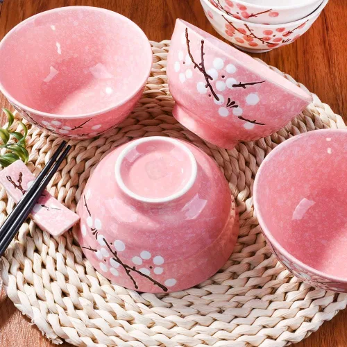 Miniatura 4 de Juego de 4 cuencos de arroz japoneses – Juego de 4 cuencos de cerámica de ciruela rosa pintados a mano para postres y sopa de cereales