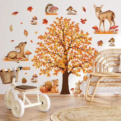 4 hojas de calcomanías de pared de árbol grande de otoño, árbol de arce, bosque de otoño, calcomanías de pared de bricolaje para despegar y pegar,