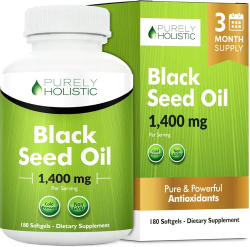 Purely Holistic Cápsulas de aceite de semilla negra de 1400 mg, 180 cápsulas blandas, suministro de 3 meses - Nigella sativa prensada en frío, rica