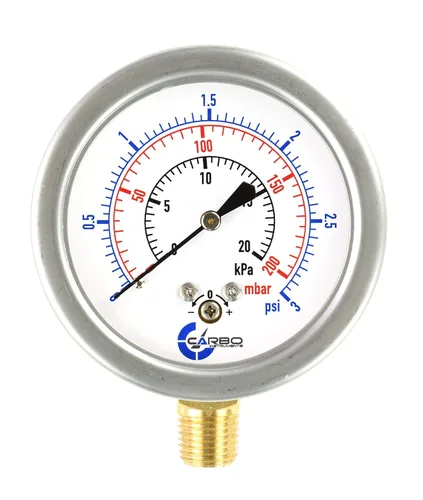 Miniatura 12 de Diafragma baja presión cápsula manómetro, 2-1/2" dial, 0-8 oz/0-15in H2O Rango, 1/4" NPT montaje inferior, caja de acero inoxidable, latón internos
