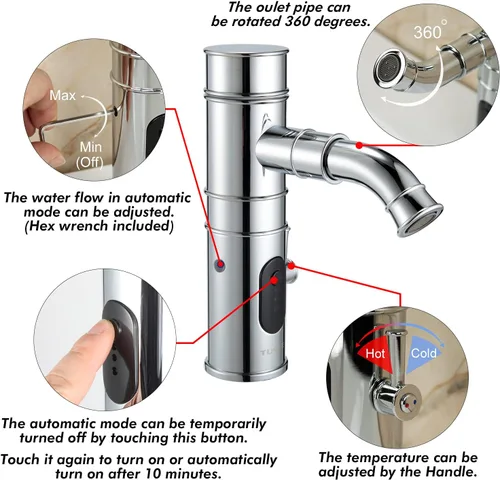 Miniatura 3 de Grifo de baño sin contacto con caño giratorio y opción manual, grifo de lavabo de baño con control de temperatura y control de flujo, cromo, TS-5501C